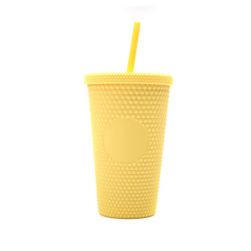 Tumbler de plástico brillante con tapa y paja