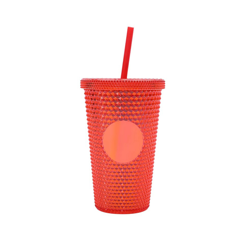 Tumbler de plástico brillante con tapa y paja